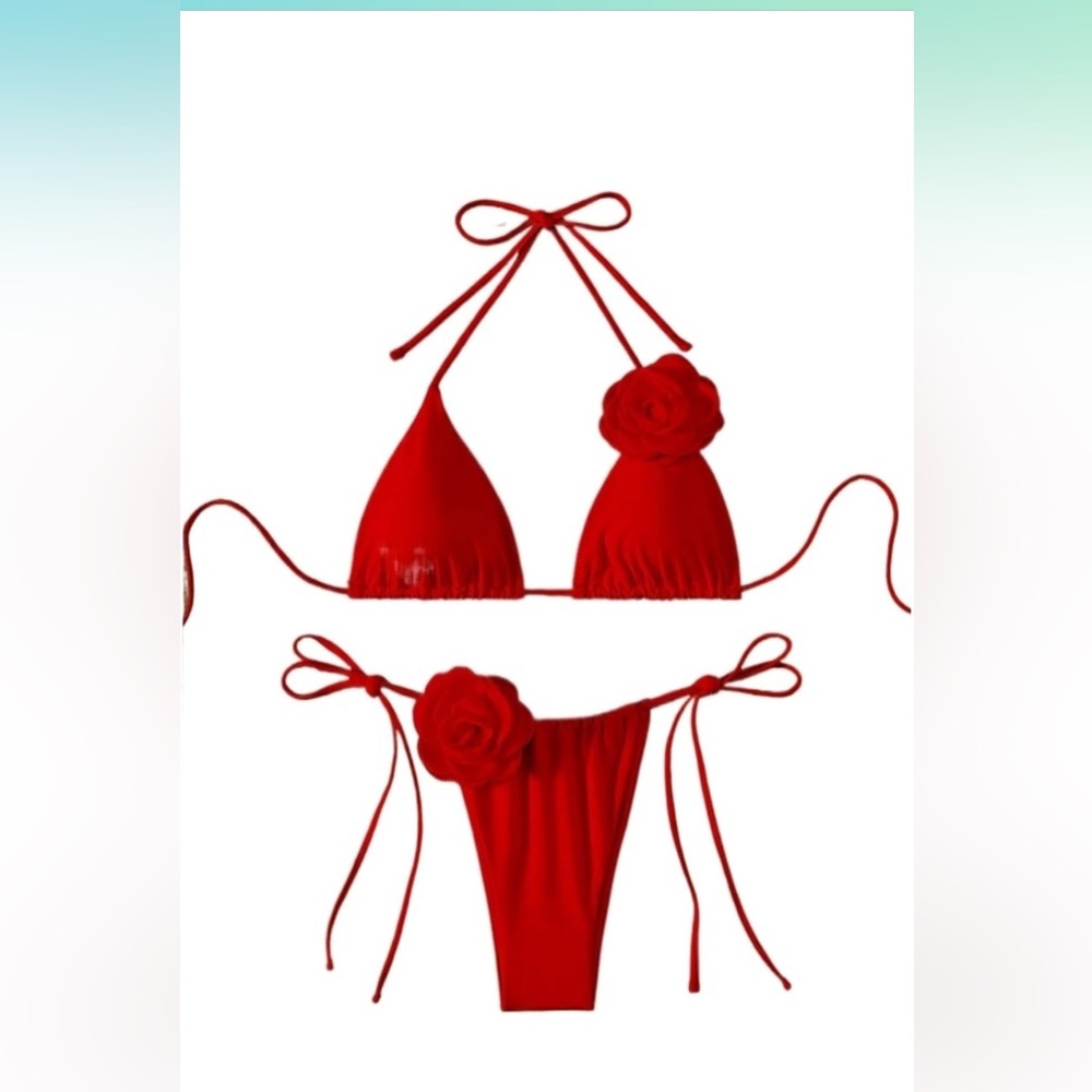 🚘Vibrant Red Floral Bikini Set sexy with 3D flower on top and bottom swimsuit